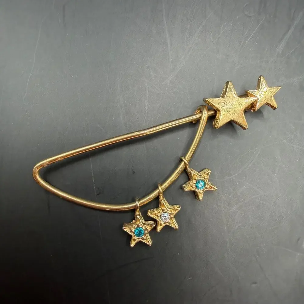 Vintage Gold Tone Star Dangle Safety Pin Brooch Hat Pin 3 Star Charms